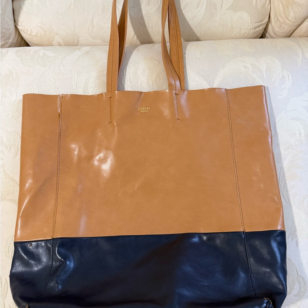 Sorial New York Leather Tote Bag Tan & Navy‎ Colorblock Large Carryall
